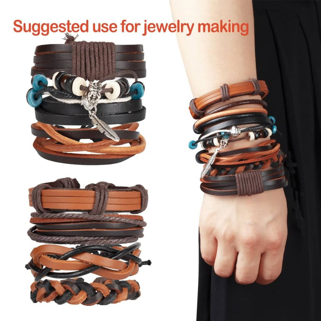 Multi-wrap leather cord bracelets in brown tones with metal charms