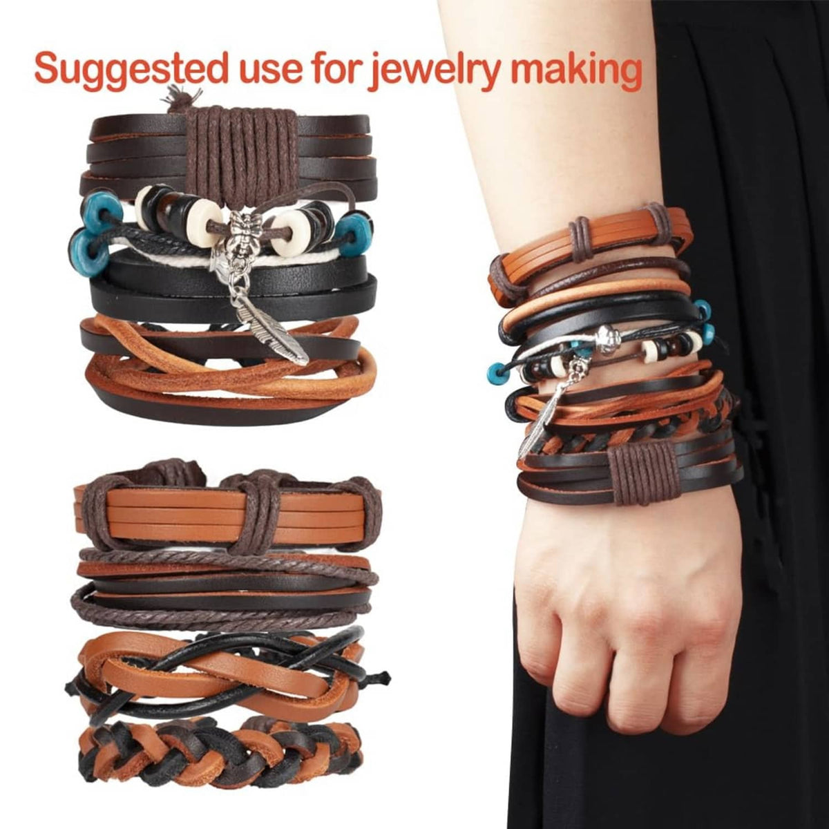 Multi-wrap leather cord bracelets in brown tones with metal charms