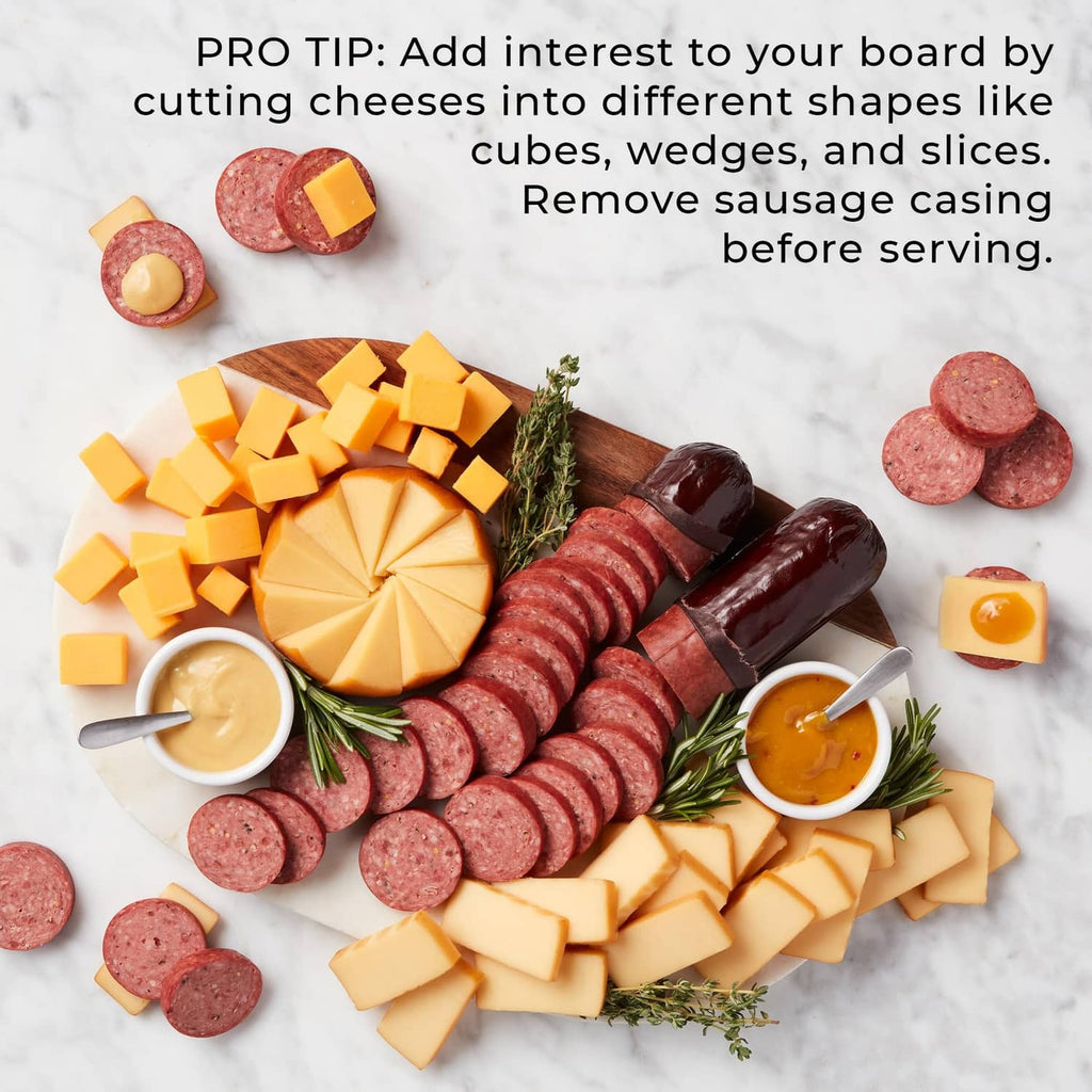 Beef Summer Sausage slices arranged with cheese cubes, wedges, and mustard for serving