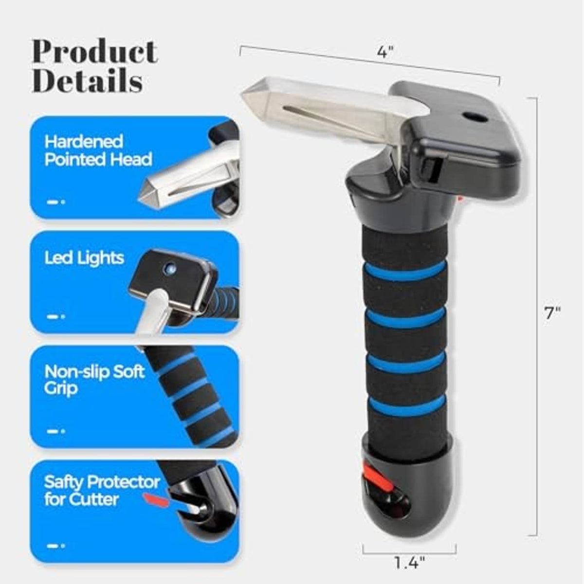 Blue-and-black car handle assist with metal head, blue grip bands, and strap