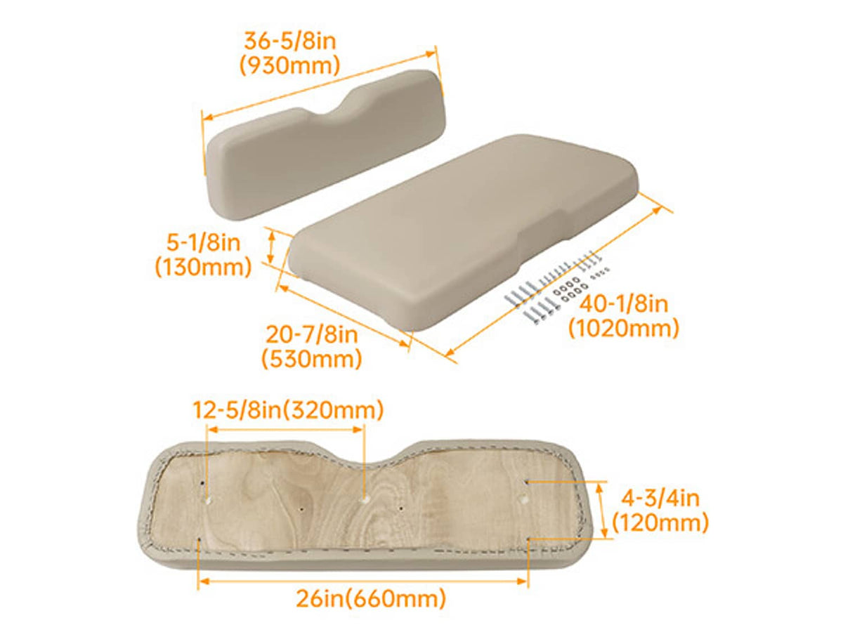 Stone golf cart seat cushion size diagram with front cushion and backrest shapes