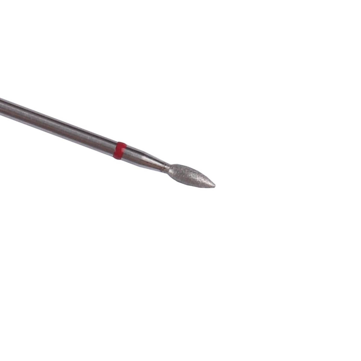 Close-up of a flame-shaped nail drill bit with fine grit gray diamond tip
