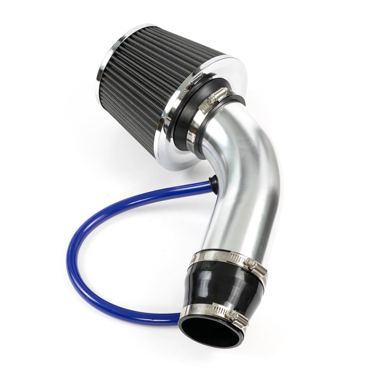 Cold air intake kit: cone filter, polished aluminum intake pipe, and blue silicone hose
