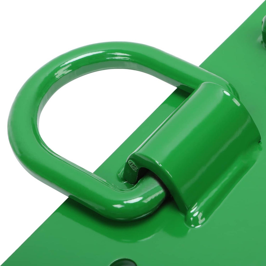 Close-up of green D-ring grab hook on a receiver mounting plate