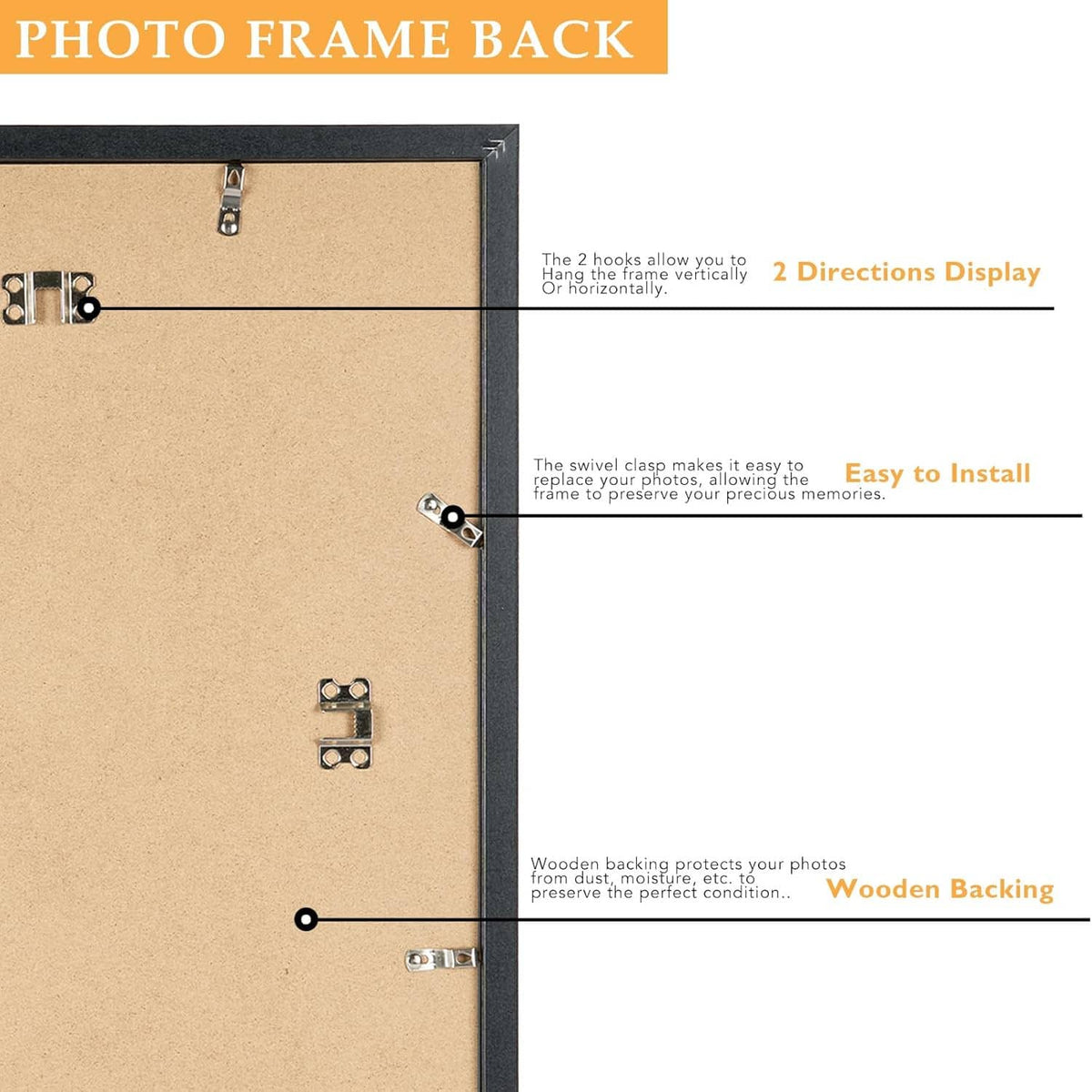 Black 10x15 picture frame back with hanging hardware clips and mounting points.
