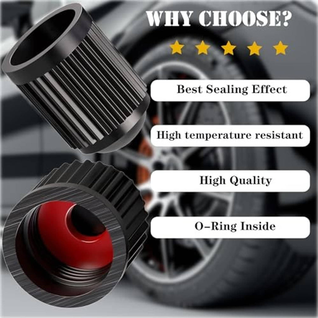Black ribbed valve stem cap with red O-ring insert and threaded opening