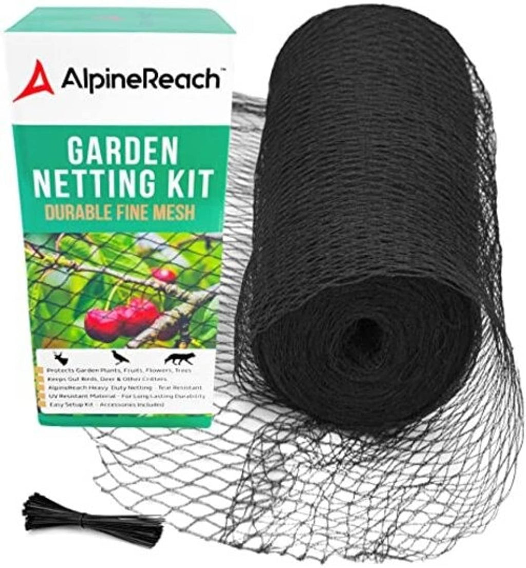 Garden netting roll of black mesh with kit packaging and ties; AlpineReach