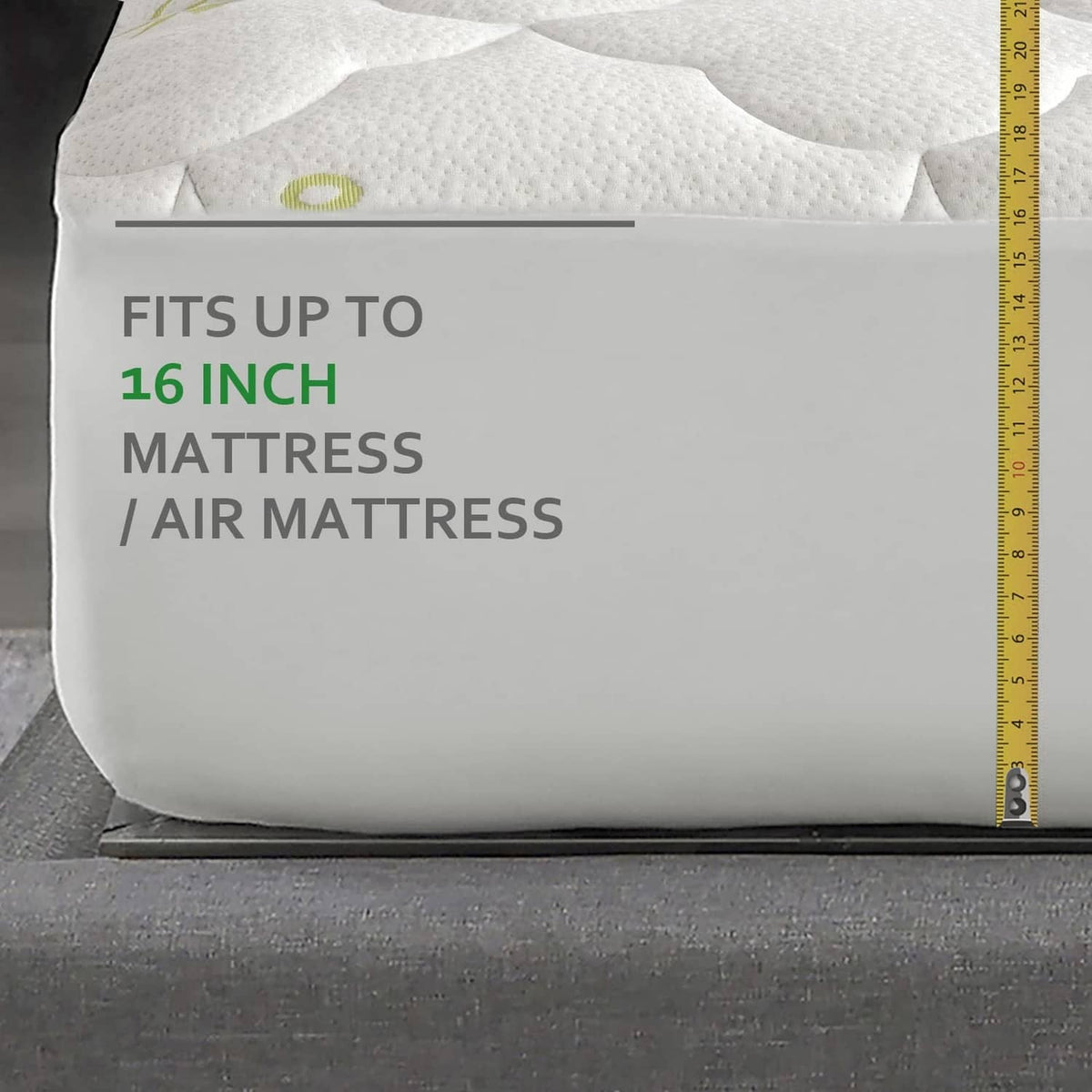 Mattress pad cover with elastic skirt, fits up to 16" mattress, white with green print