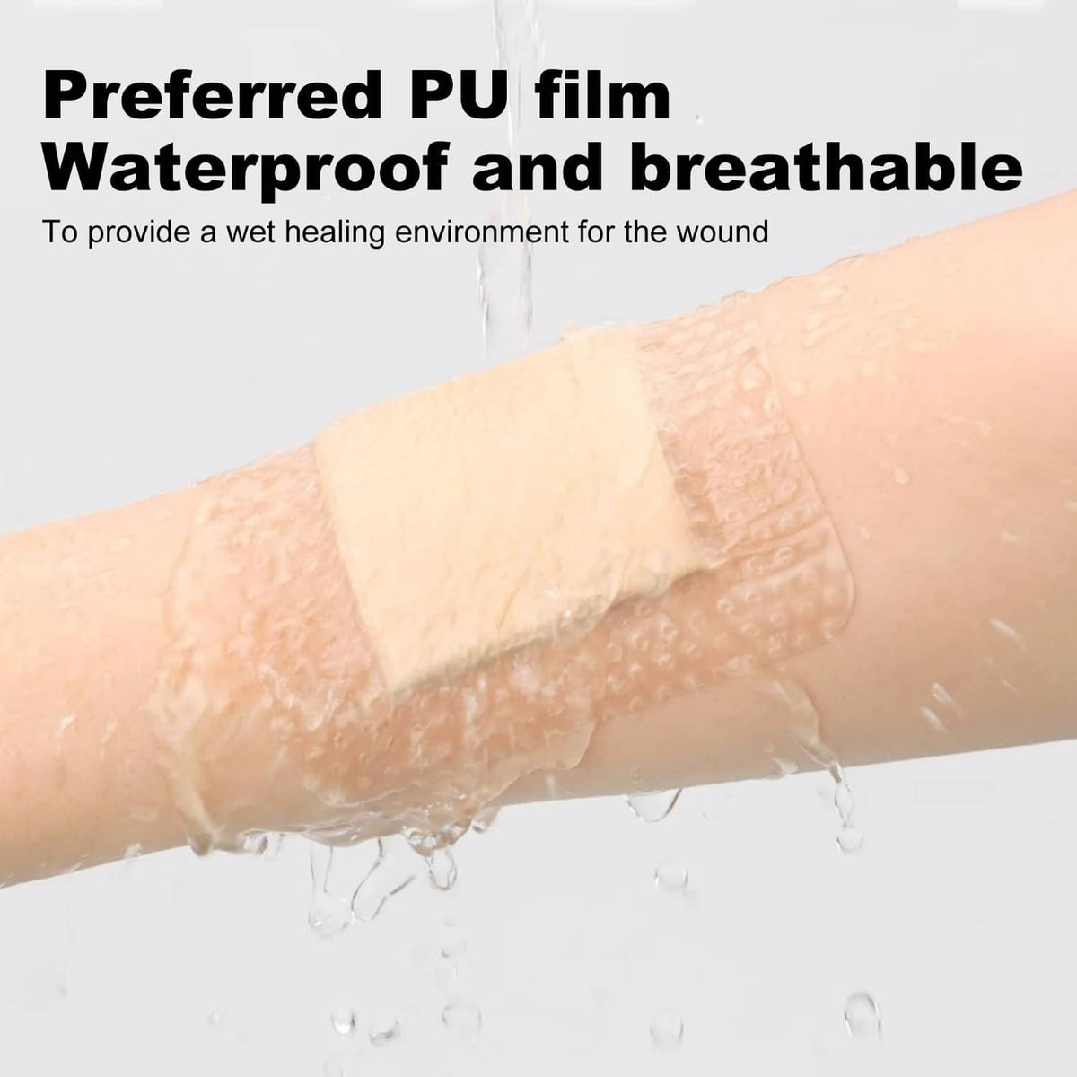 Silicone foam dressing pad on arm, waterproof and breathable outer film