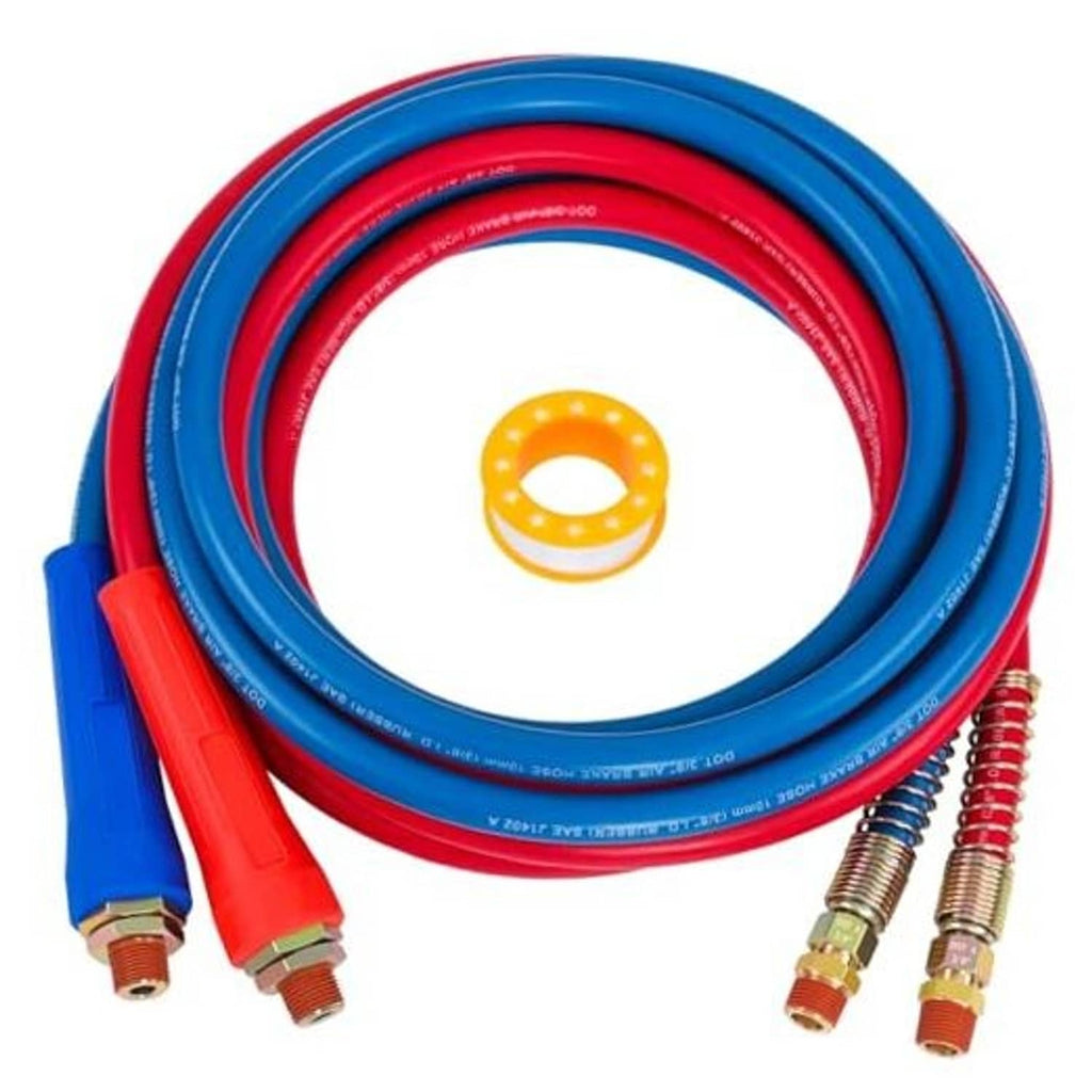 Coiled air brake hose assembly with blue and red rubber lines and brass end fittings