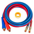 Coiled air brake hose assembly with blue and red rubber lines and brass end fittings