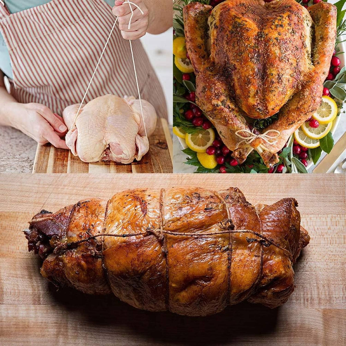 Butchers twine tied around roasted poultry on a wooden cutting board