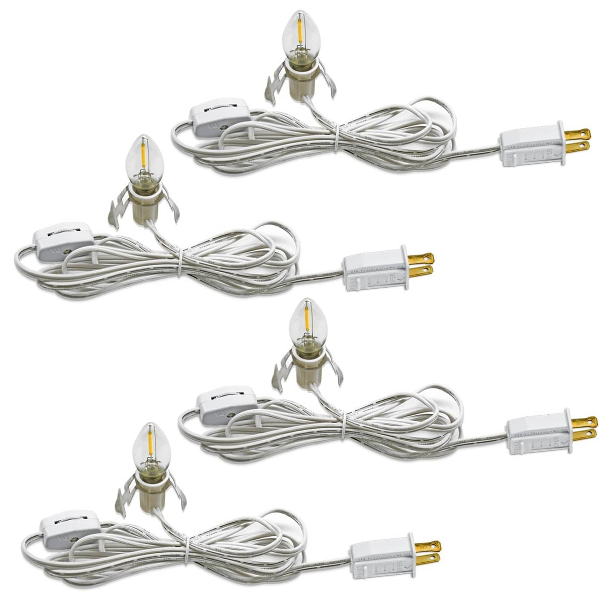 Pack of four white LED night light cords with clear glass candle-style bulbs and plugs