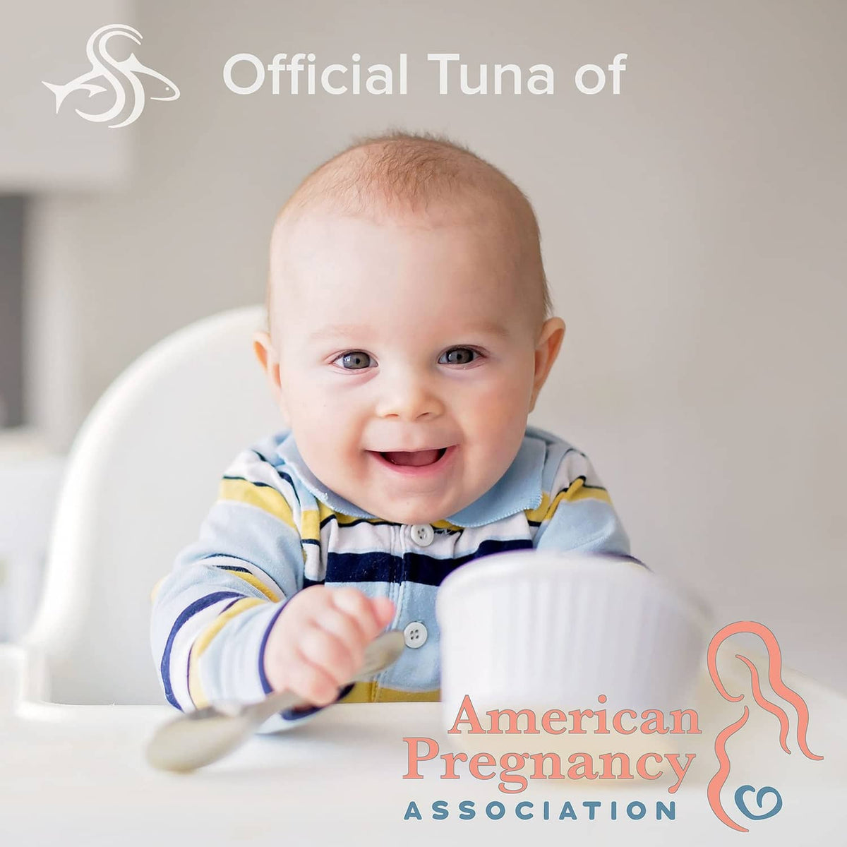 Infant smiling in a high chair with American Pregnancy Association logo overlay