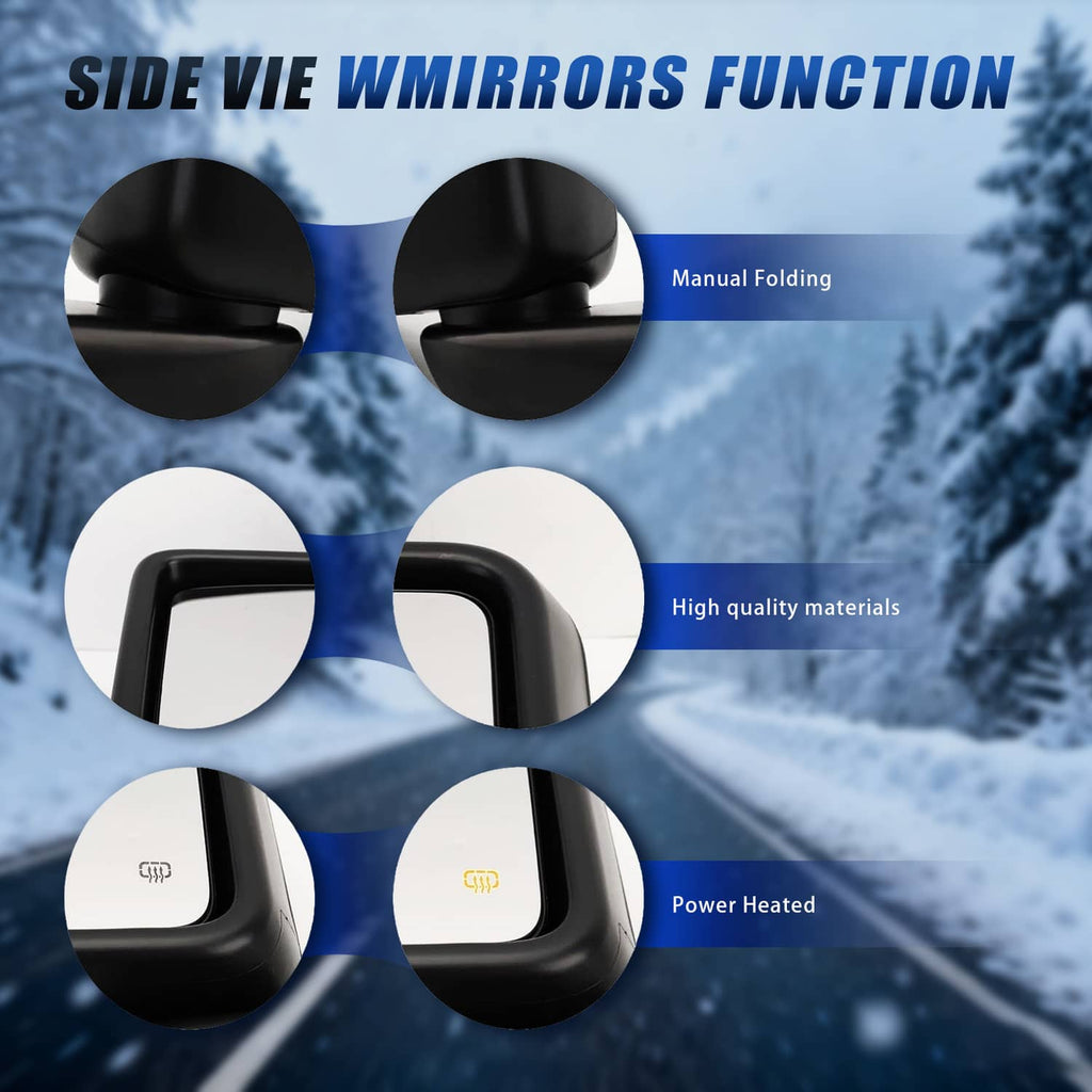 Power heated side mirror set with manual folding, black housing and square mirror glass