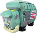 Green trash truck plush with smiling face, gray side panel, and black wheels