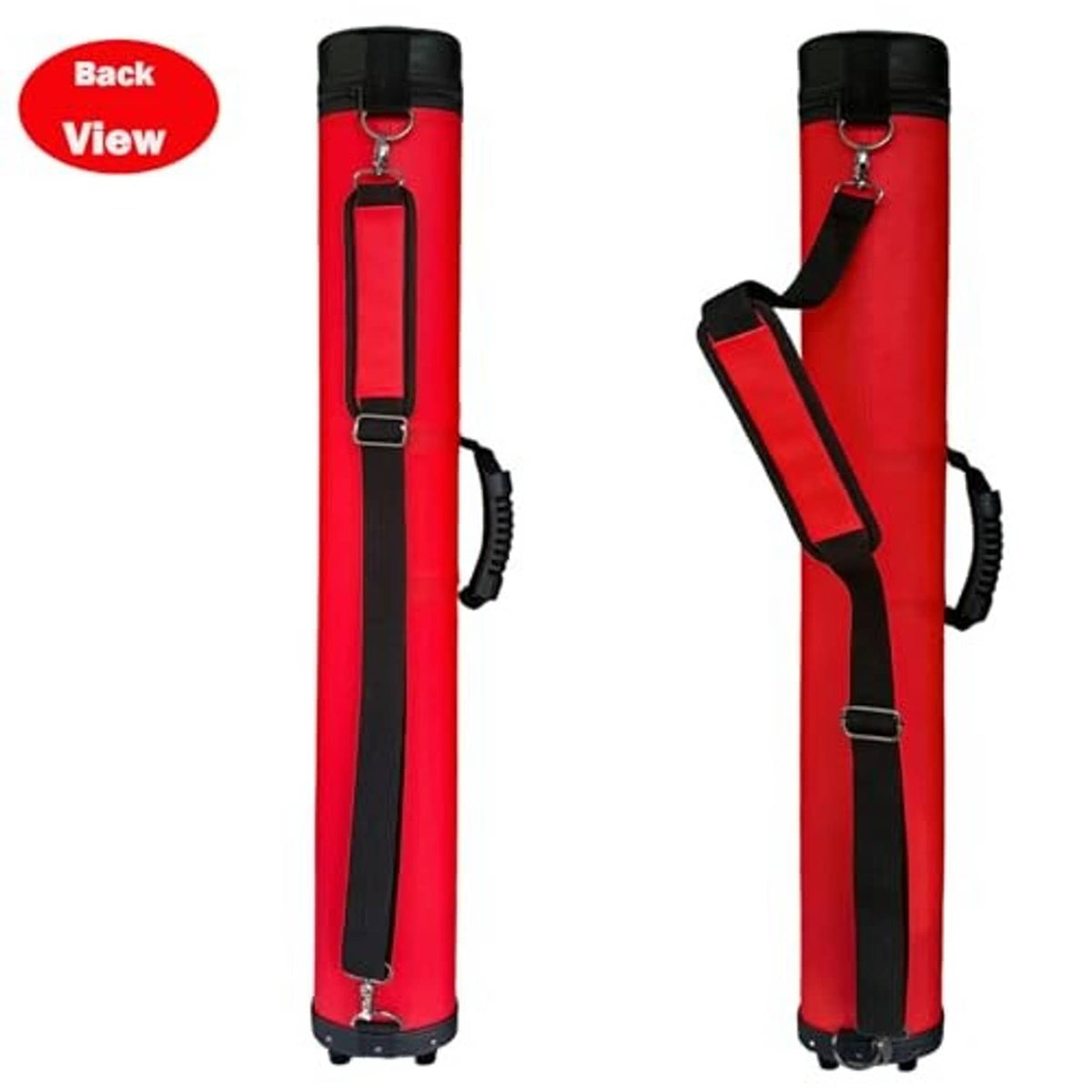 Red and black pool cue case with shoulder strap and front handle, back view.