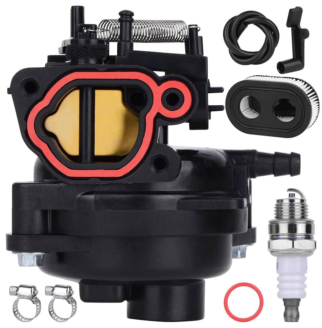 Black small-engine carburetor kit with red intake gasket, hose, spark plug, and seals