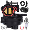 Black small-engine carburetor kit with red intake gasket, hose, spark plug, and seals