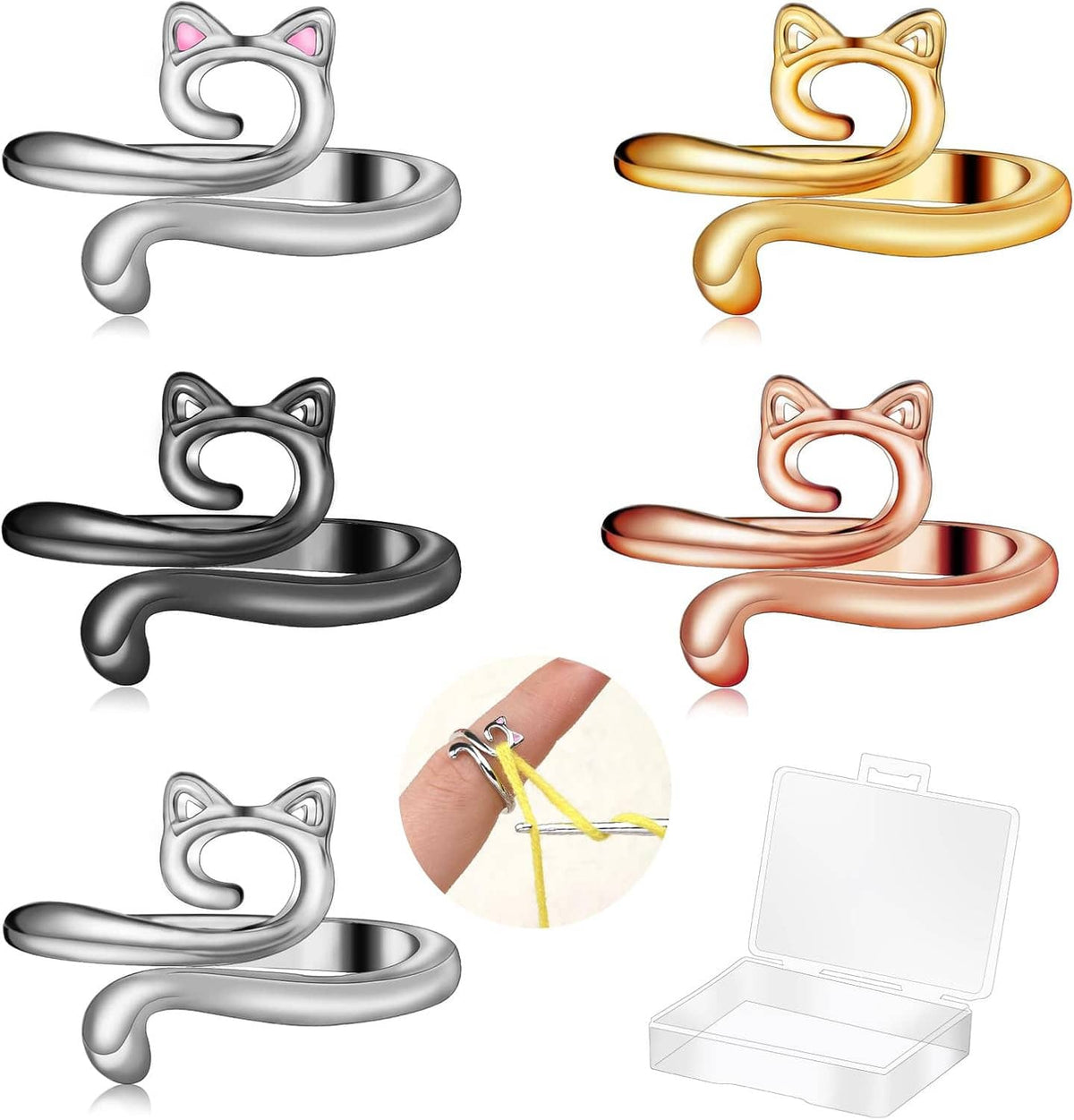 Cat-shaped adjustable crochet tension rings with multiple colors plus storage case and finger inset
