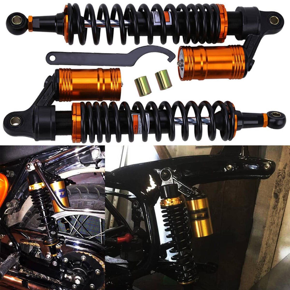 Two air shock absorbers with black springs, orange-gold cylinders, and mounting hardware