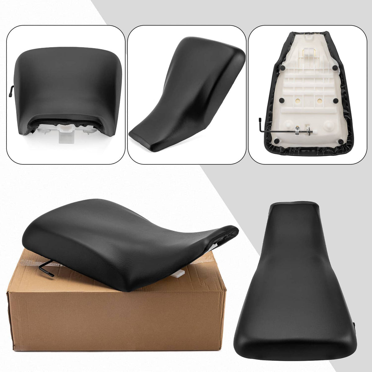 Black ATV seat with side profile views and underside mounting pan