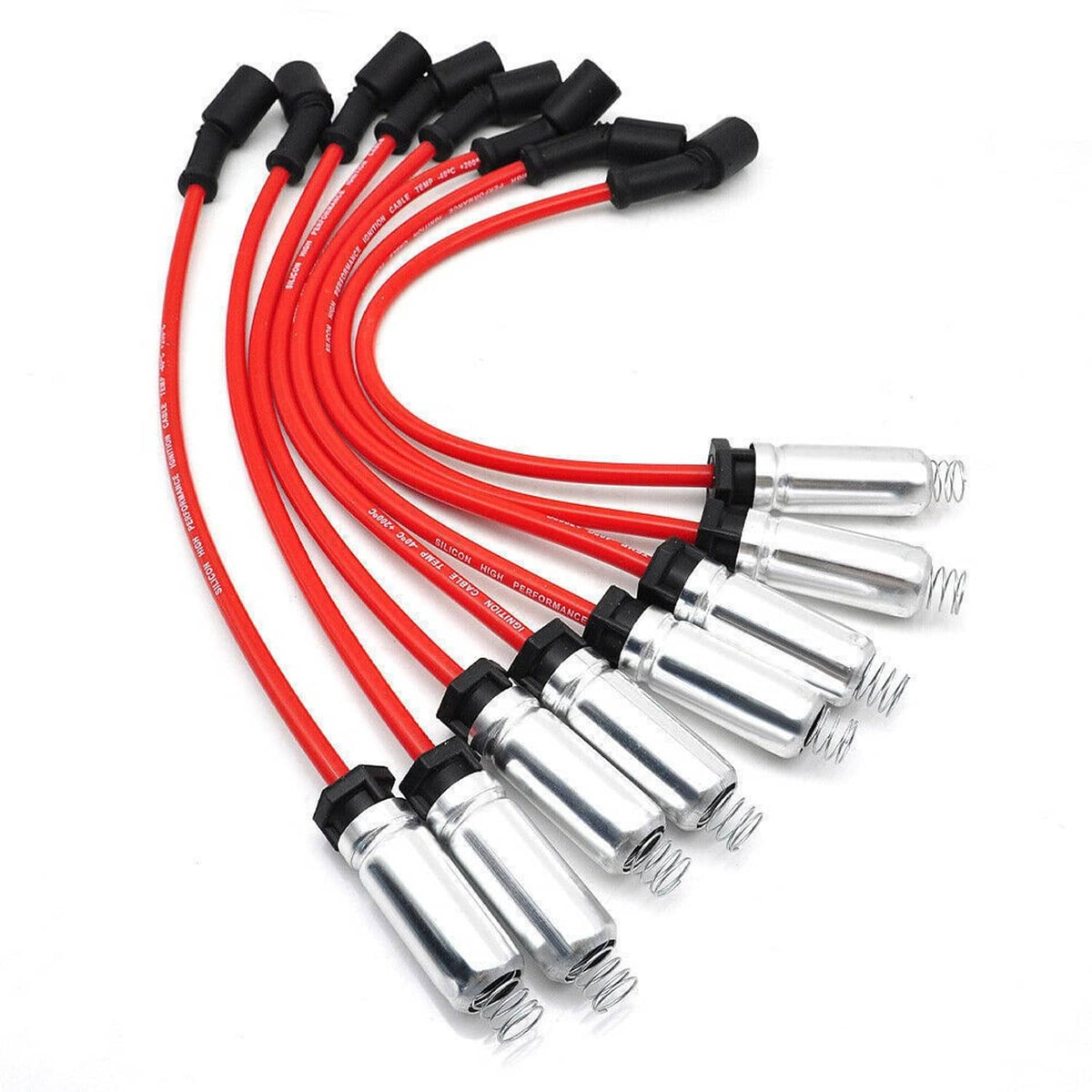 Ignition coil wires with red cables, black caps, and silver spark plug boots
