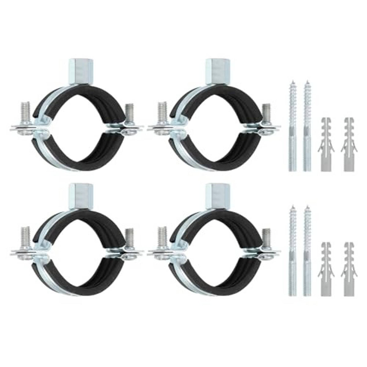4-pack adjustable pipe clamp brackets, black rubber-lined, includes wall anchors