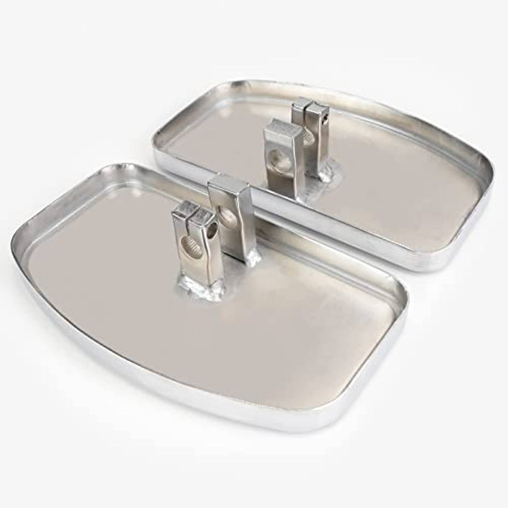 Motorcycle floorboard foot peg bases with silver metal pads and mounting posts