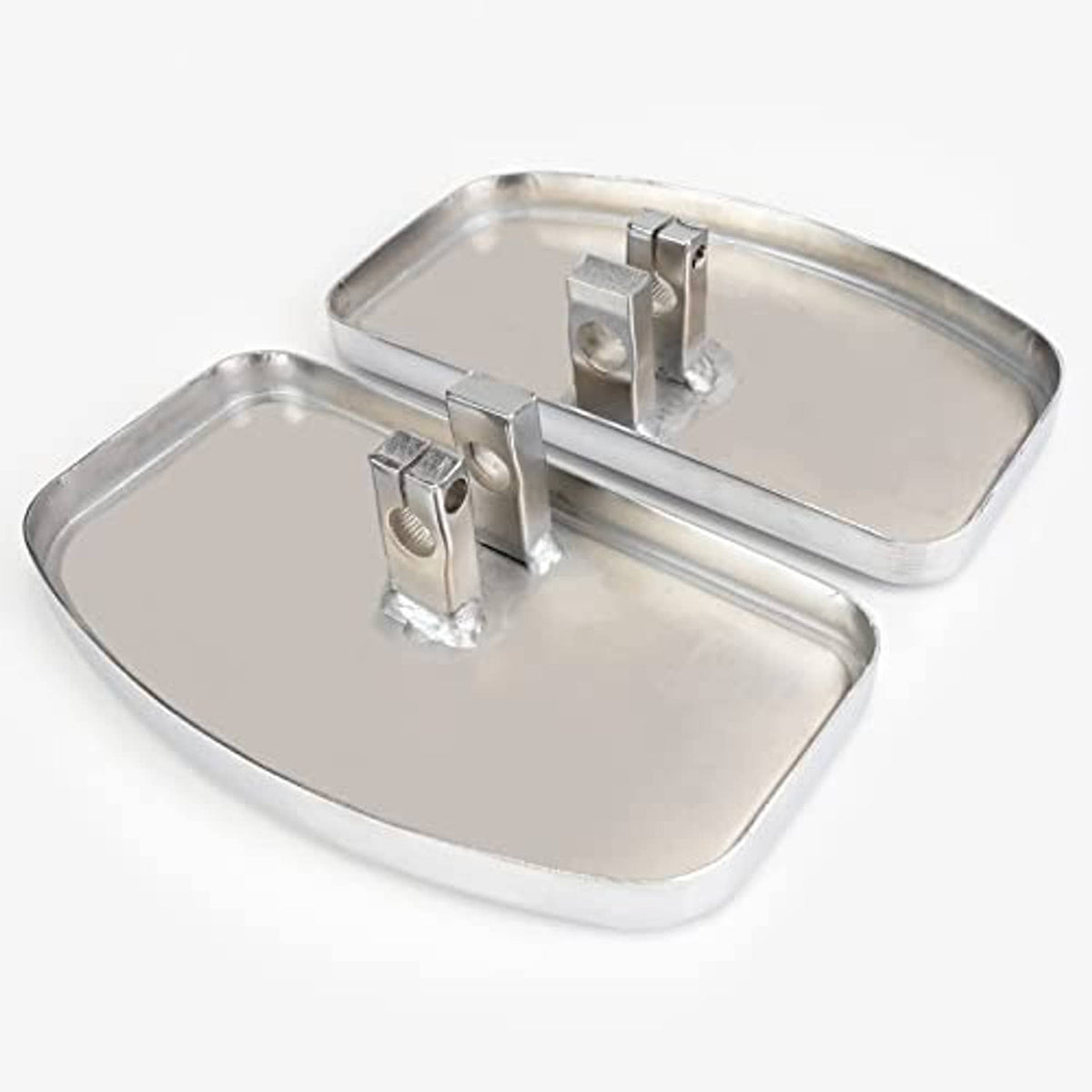 Motorcycle floorboard foot peg bases with silver metal pads and mounting posts