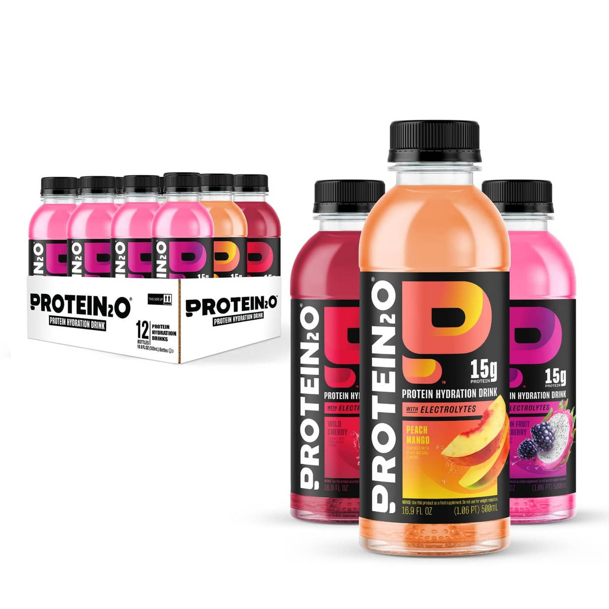 Protein hydration drink multipack with mixed flavors, bottles and carton boxes