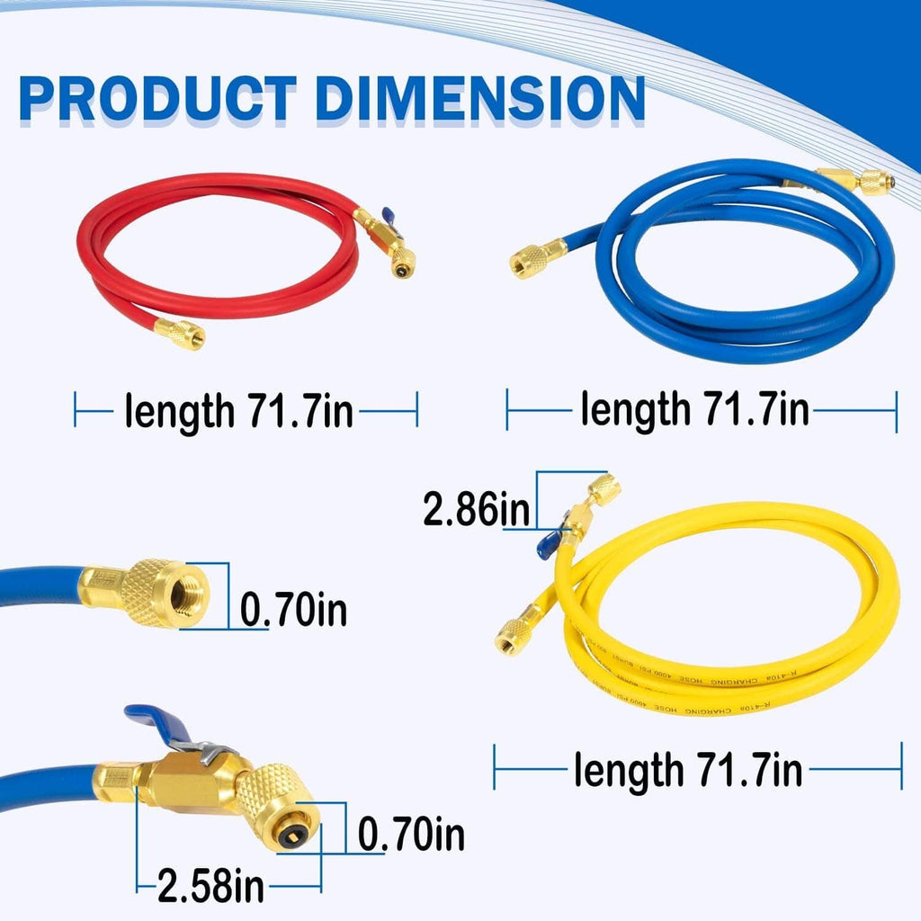 Three refrigerant charging hoses with brass connectors and compact ball valve ends, red blue yellow