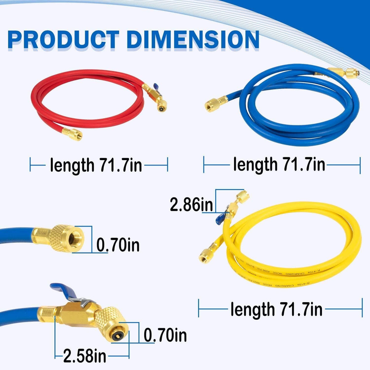 Three refrigerant charging hoses with brass connectors and compact ball valve ends, red blue yellow
