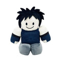 Plush stuffed figure pillow boy with dark spiky hair, navy shirt, gray pants