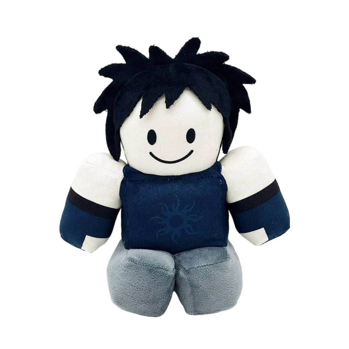 Plush stuffed figure pillow boy with dark spiky hair, navy shirt, gray pants