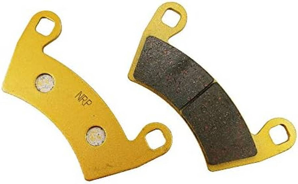 Ceramic brake pads with gray friction face and gold backing plates, mounting holes