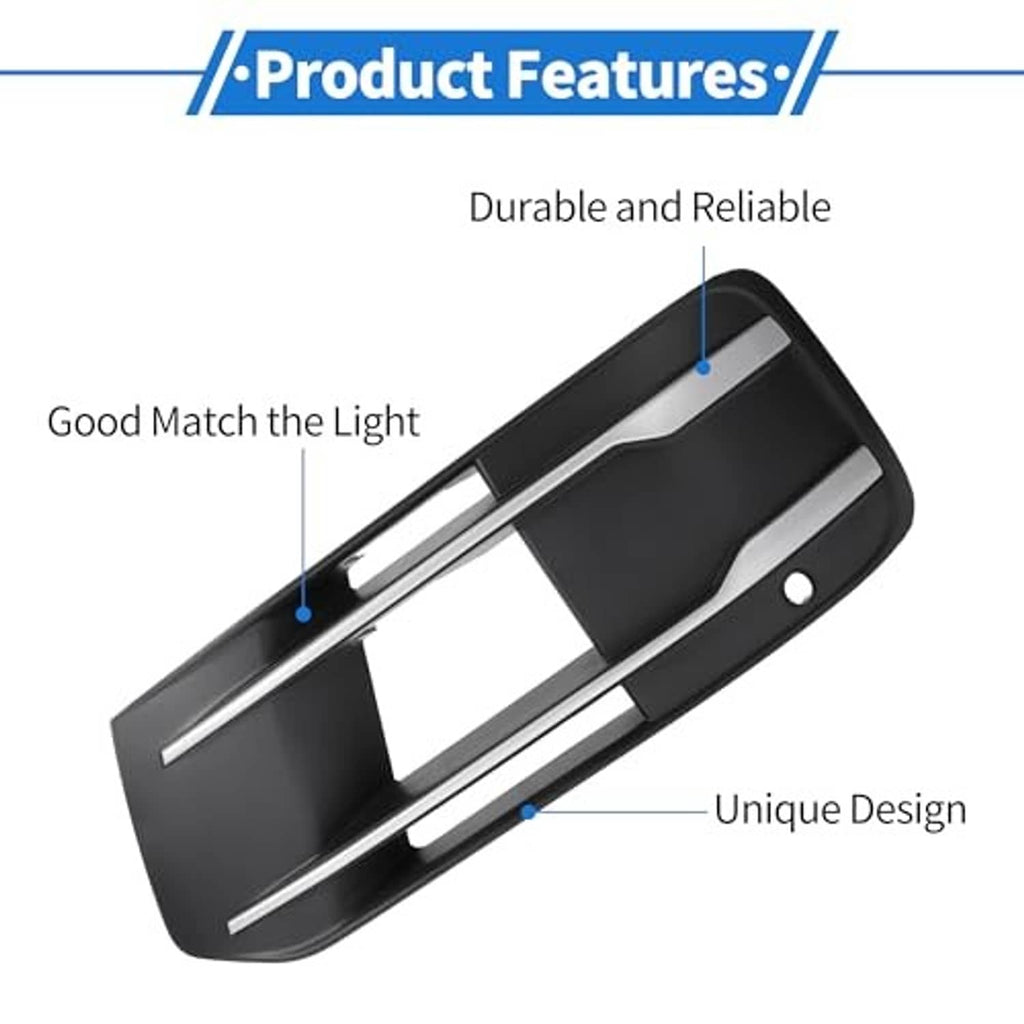 Black fog light grill cover with chrome trim bars and side mounting points