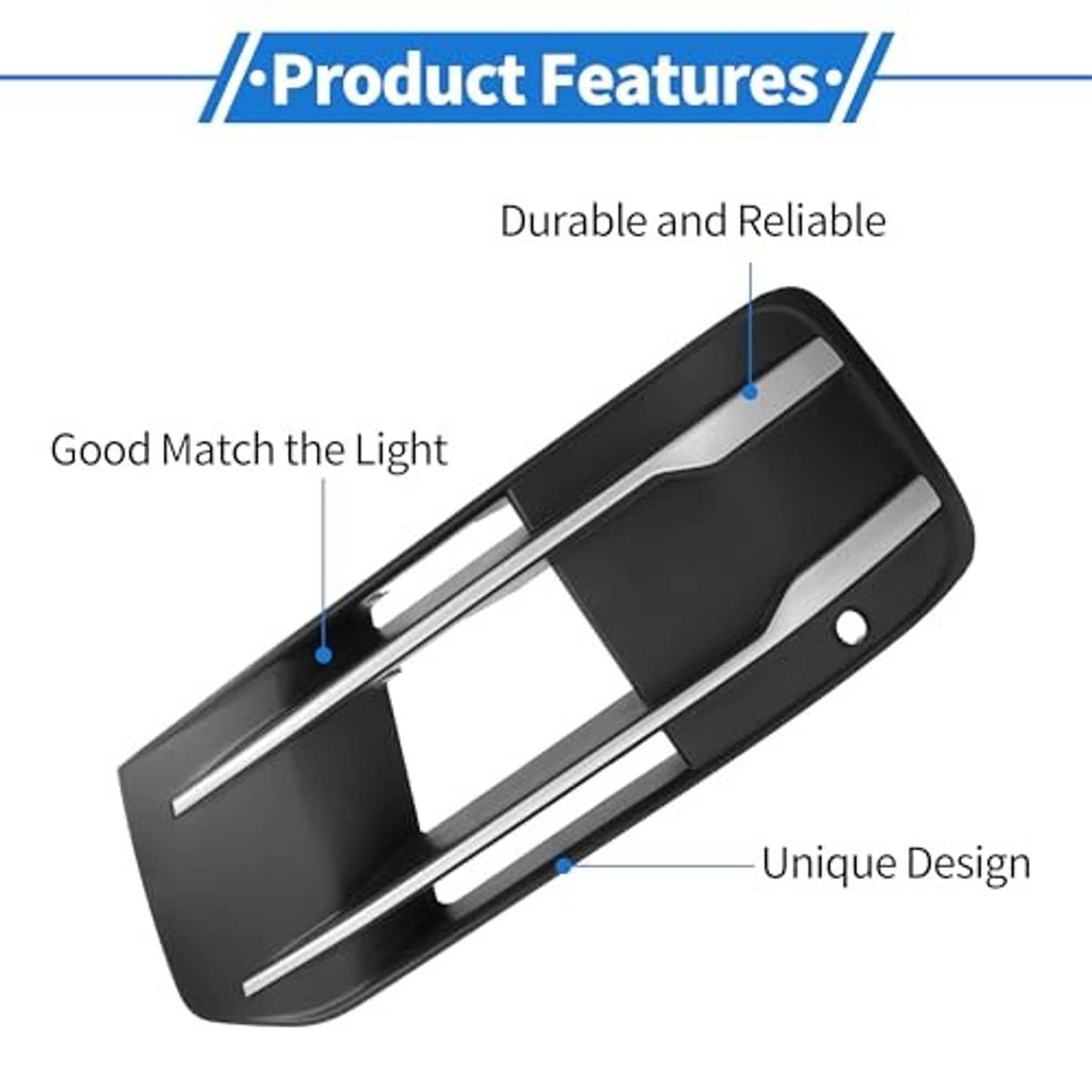 Black fog light grill cover with chrome trim bars and side mounting points