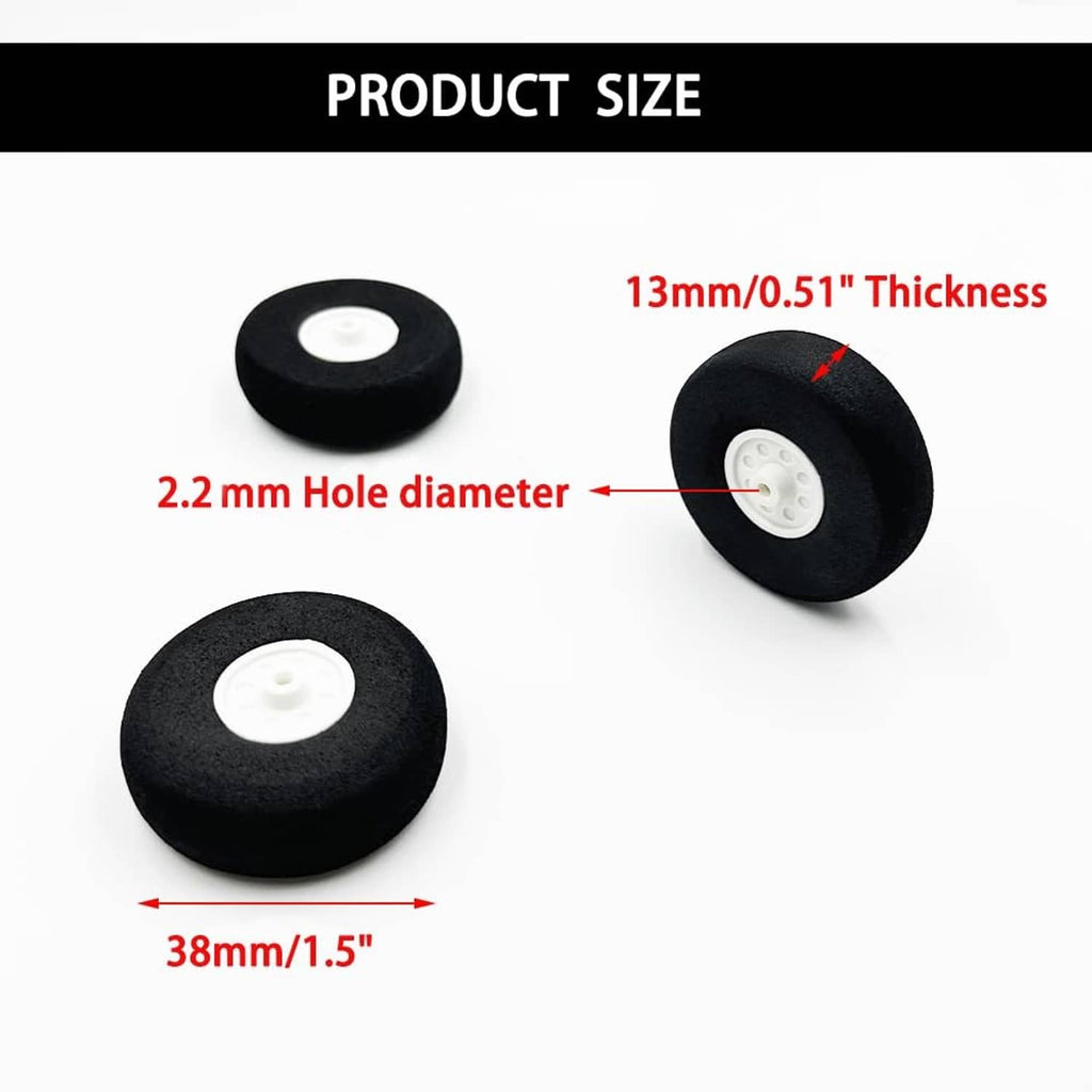 Black foam RC airplane wheel: 38mm dia, 13mm thick, 2.2mm axle hole