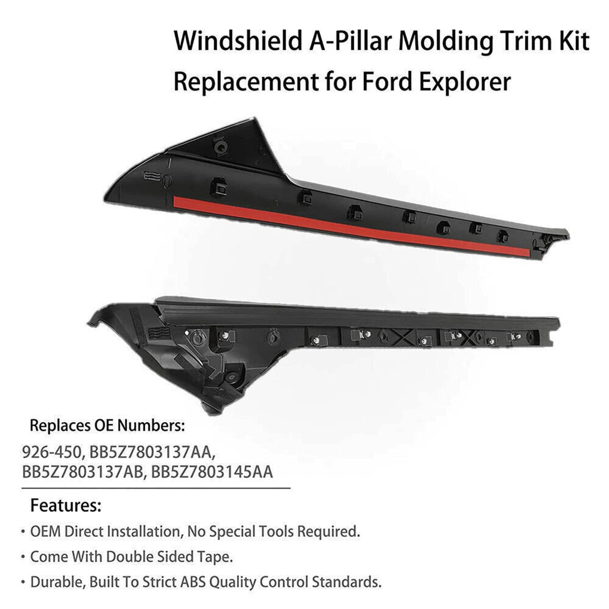 Black windshield A-pillar molding trim kit with mounting clips and rails