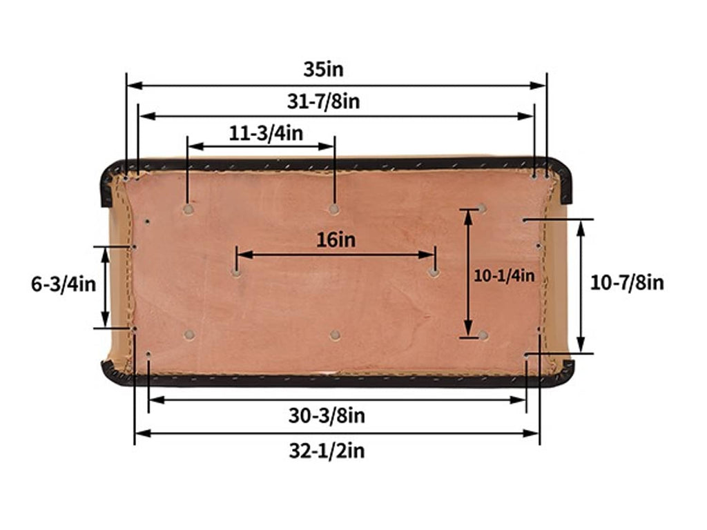 Tan golf cart seat bottom cushion showing underside dimensions and mounting points