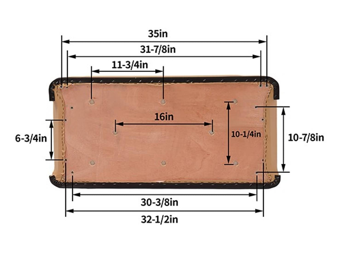 Tan golf cart seat bottom cushion showing underside dimensions and mounting points