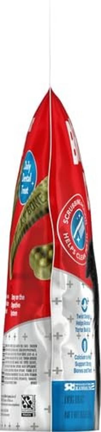 Side view of red Milk-Bone dental chew bag with logo and chew graphics