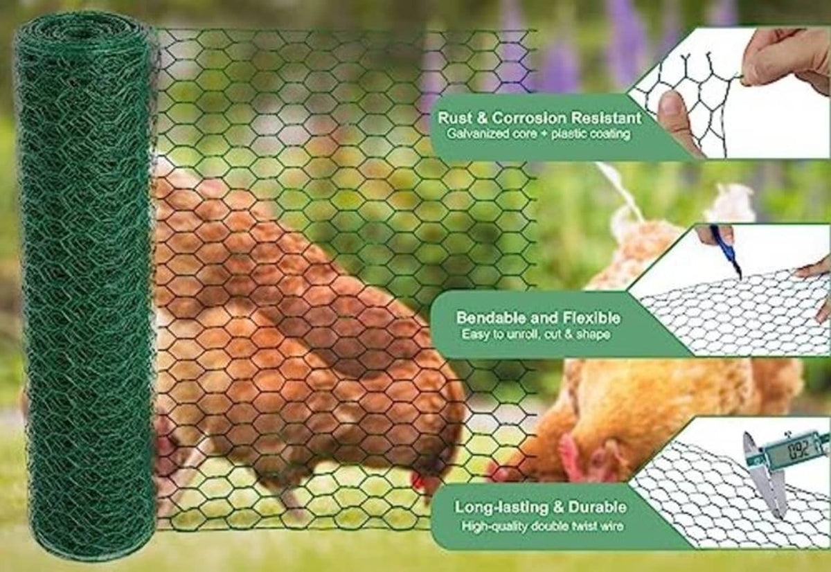Green chicken wire mesh roll with hexagonal pattern, durable protective coating claim