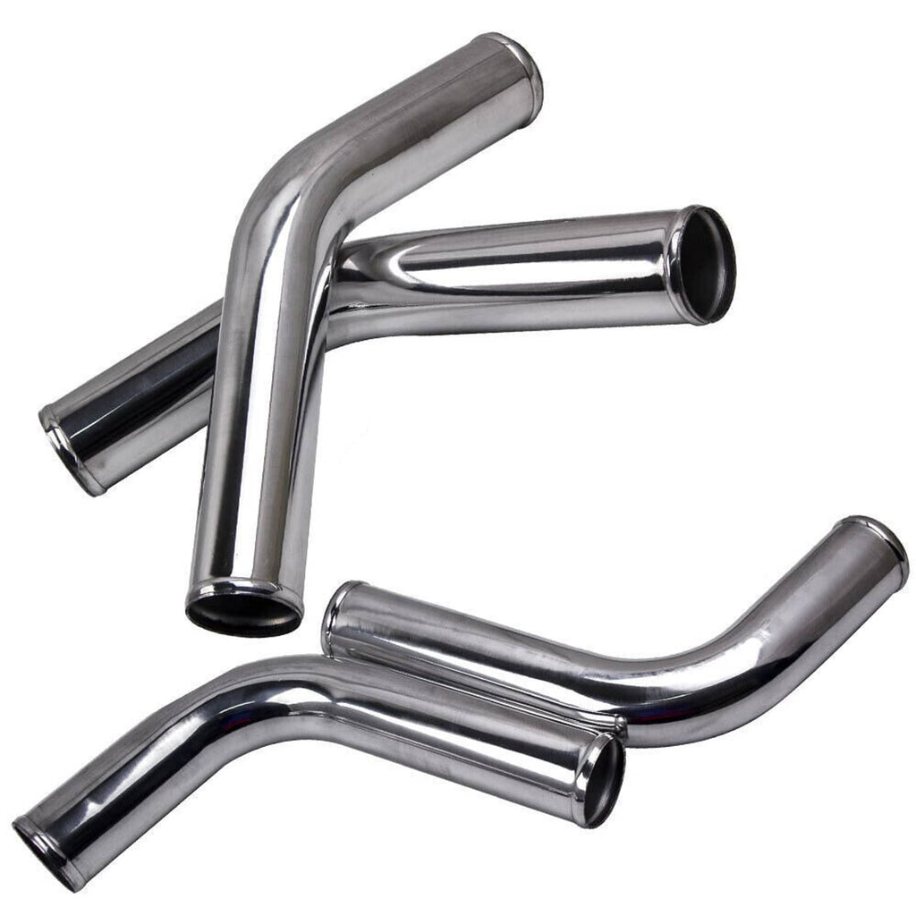 Silver aluminum intercooler elbow pipe set with several curved tubes and angled outlets