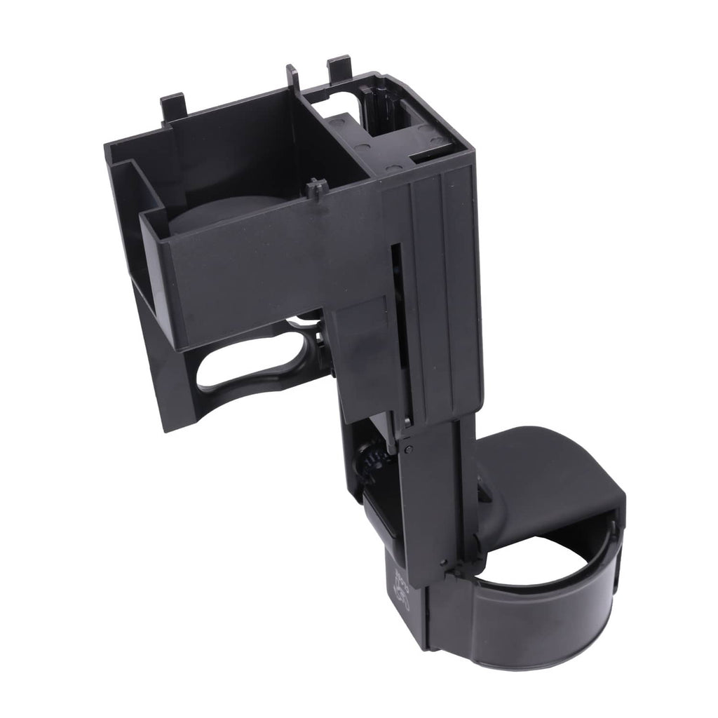 Front retractable cup holder module with extended cup and open housing, black plastic
