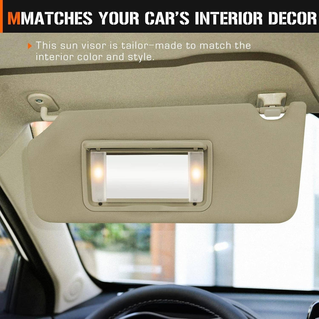 Tan sun visor with LED-lit mirror window inside car overhead