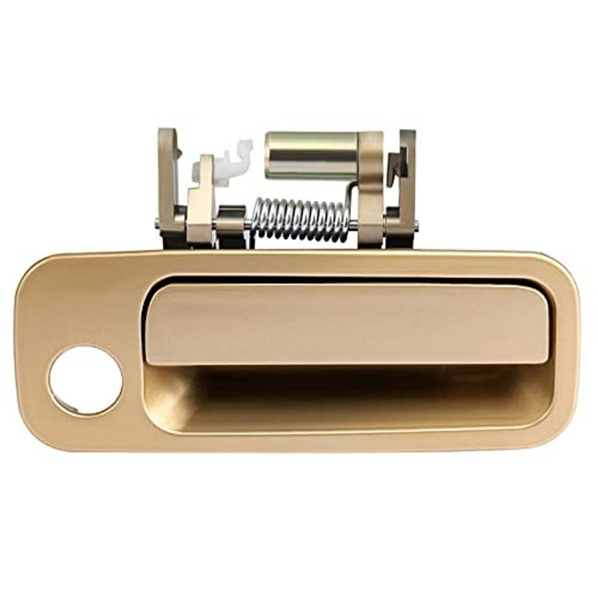 Tan exterior door handle with spring assembly, front passenger door