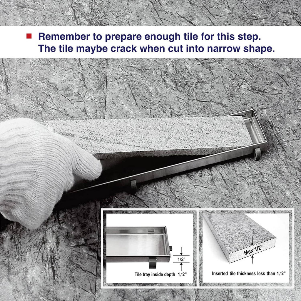 Linear shower drain frame being installed into a cut tile recess