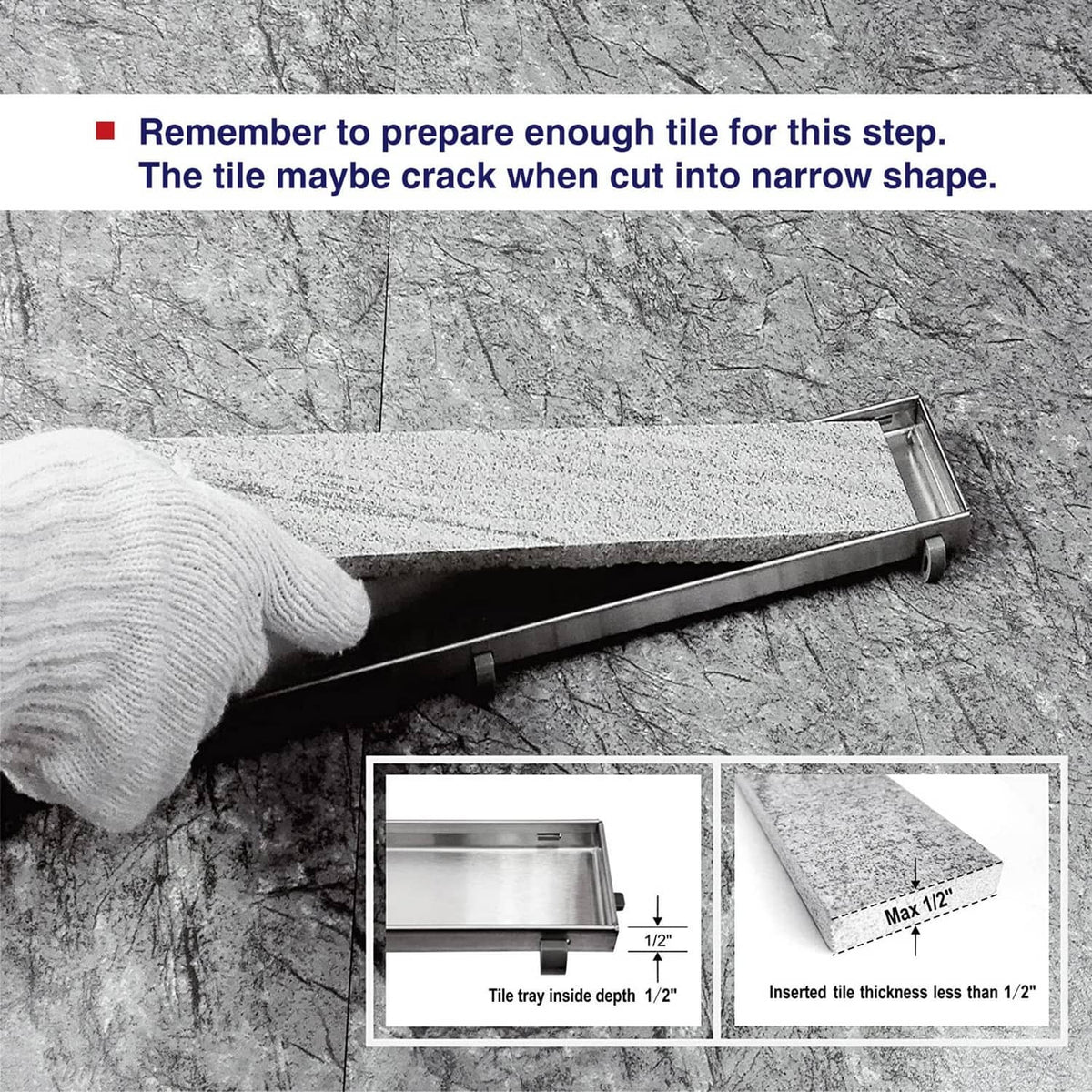 Linear shower drain frame being installed into a cut tile recess